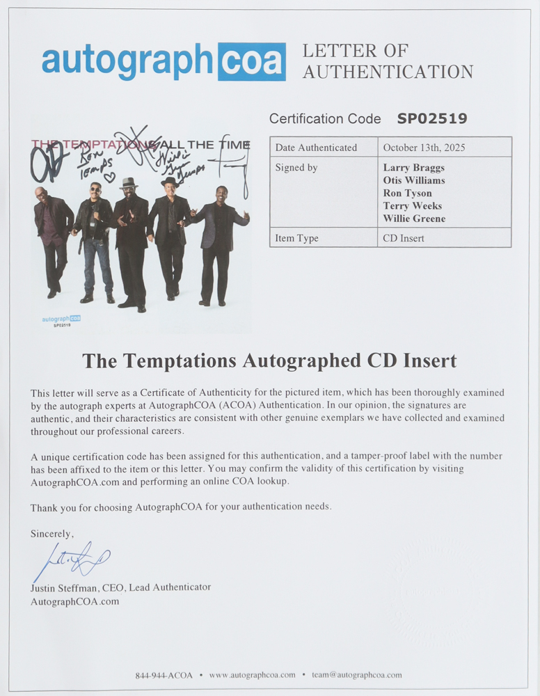 The Temptations Custom Framed "All The Time" CD Insert Display With Disc Signed by (5) with Larry Braggs, Otis Williams, Ron Tyson, Terry Weeks (ACOA) at PristineAuction.com The Temptations Custom Framed "All The Time" CD Insert Display With Disc Signed by (5) with Larry Braggs, Otis Williams, Ron Tyson, Terry Weeks (ACOA) at PristineAuction.com
