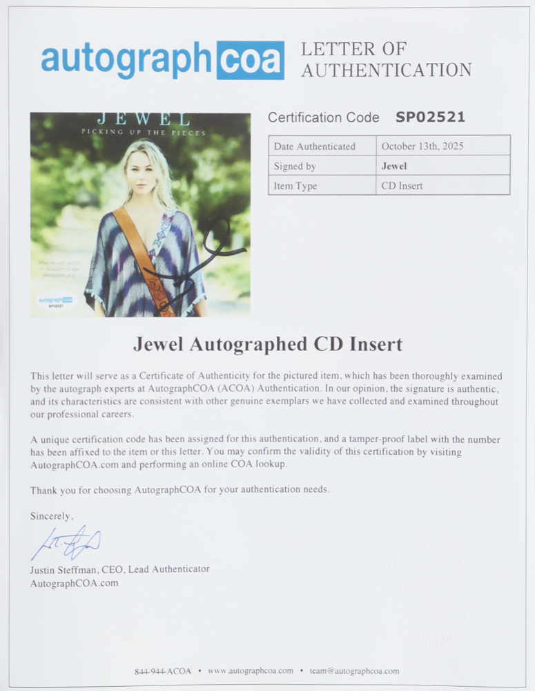 Jewel Signed "Picking Up The Pieces" Custom Framed CD Album Insert Display With Disc (ACOA) at PristineAuction.com Jewel Signed "Picking Up The Pieces" Custom Framed CD Album Insert Display With Disc (ACOA) at PristineAuction.com