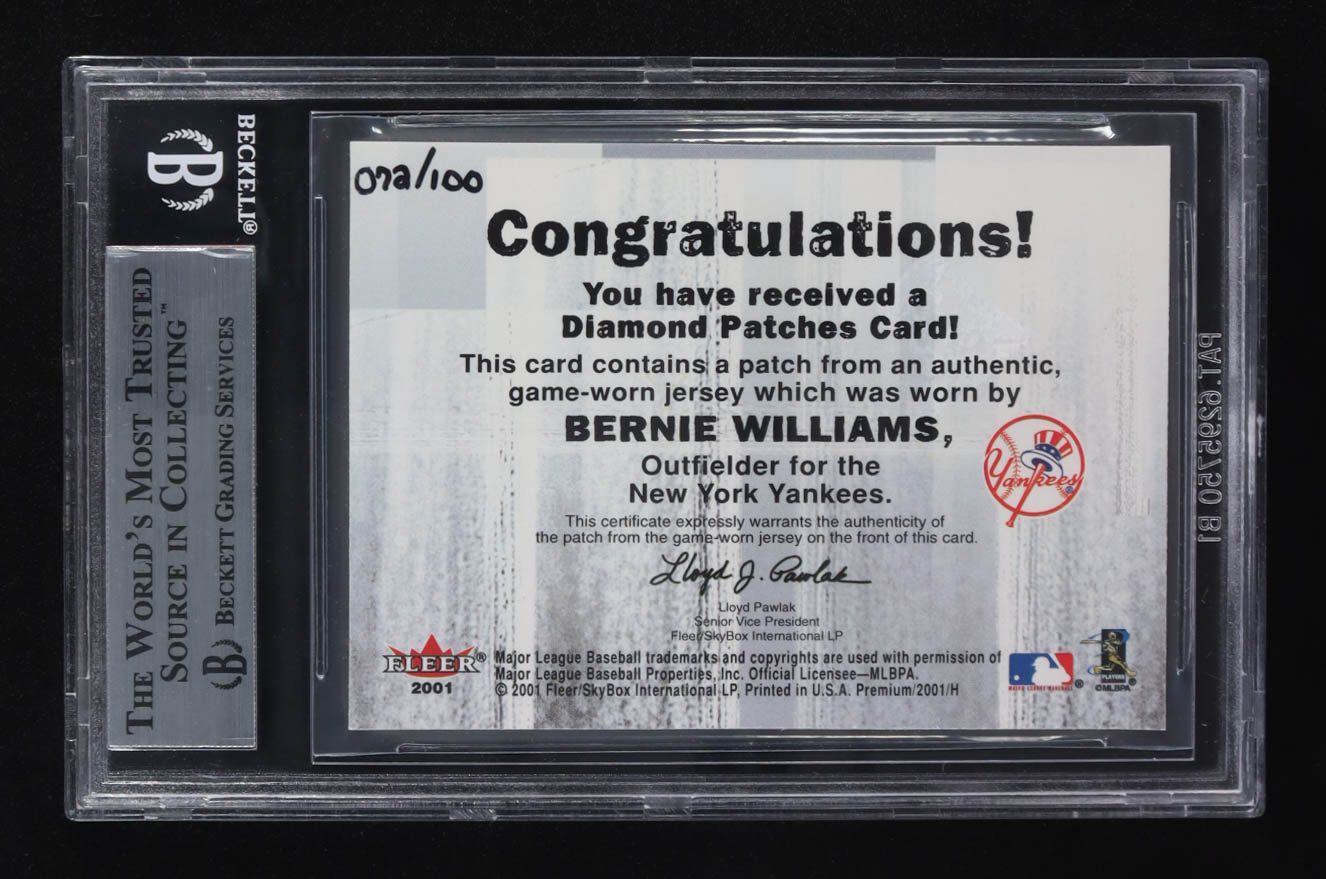 Bernie Williams 2001 Fleer Premium Diamond Patches #DD12 #072/100 (BGS 8.5) at PristineAuction.com Bernie Williams 2001 Fleer Premium Diamond Patches #DD12 #072/100 (BGS 8.5) at PristineAuction.com