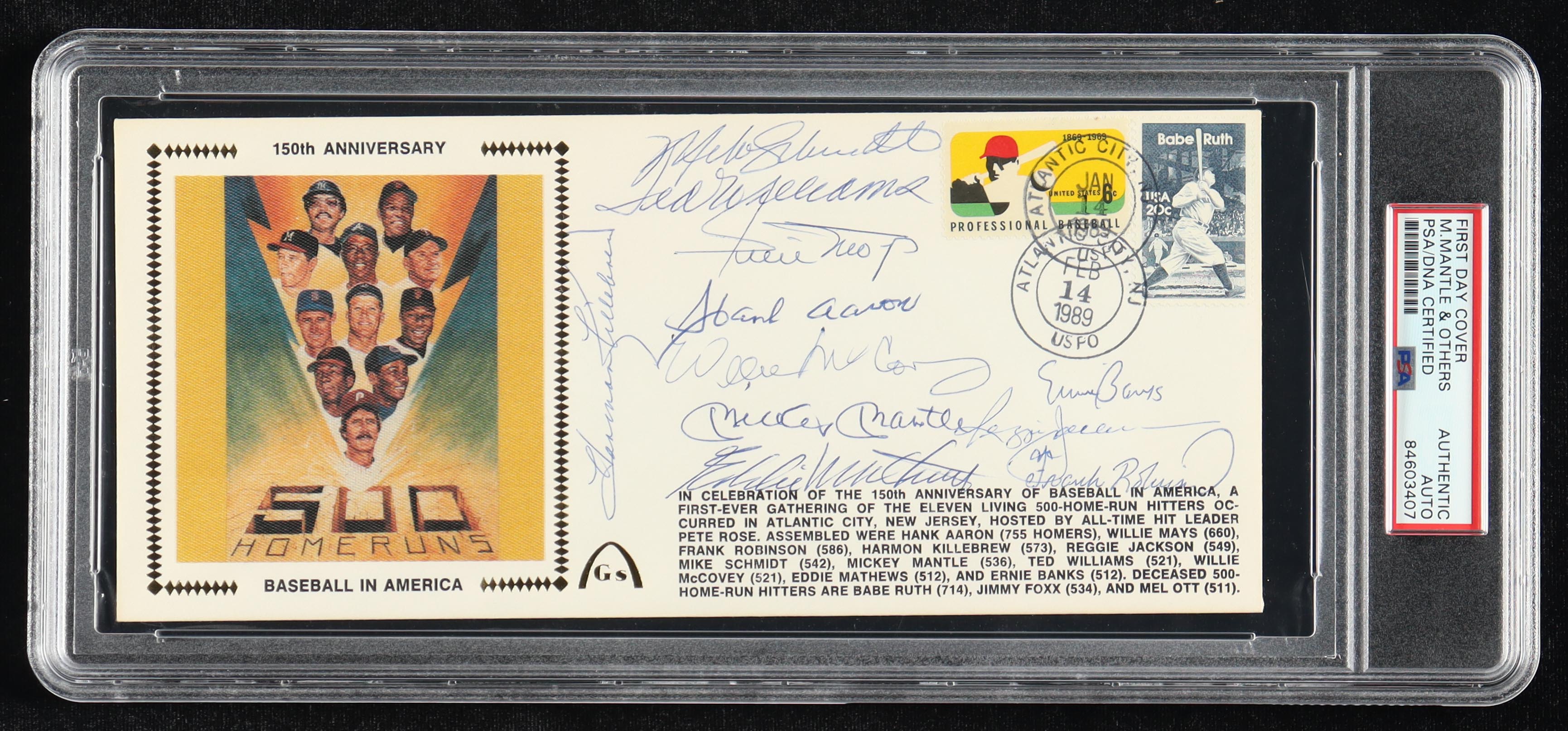 Hank Aaron, Mickey Mantle, Willie Mays, Ted Williams | 500 Home Run Club 1989 FDC Envelope Signed By (11) (PSA) at PristineAuction.com Hank Aaron, Mickey Mantle, Willie Mays, Ted Williams | 500 Home Run Club 1989 FDC Envelope Signed By (11) (PSA) at PristineAuction.com