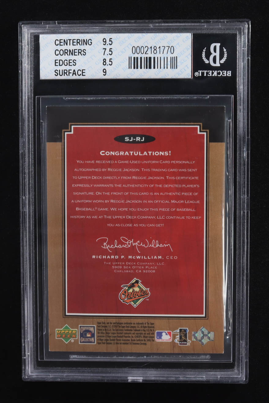 Reggie Jackson 2001 Upper Deck Legends Legendary Game Jersey Autographs #SJRJ SP (BGS 8) at PristineAuction.com Reggie Jackson 2001 Upper Deck Legends Legendary Game Jersey Autographs #SJRJ SP (BGS 8) at PristineAuction.com
