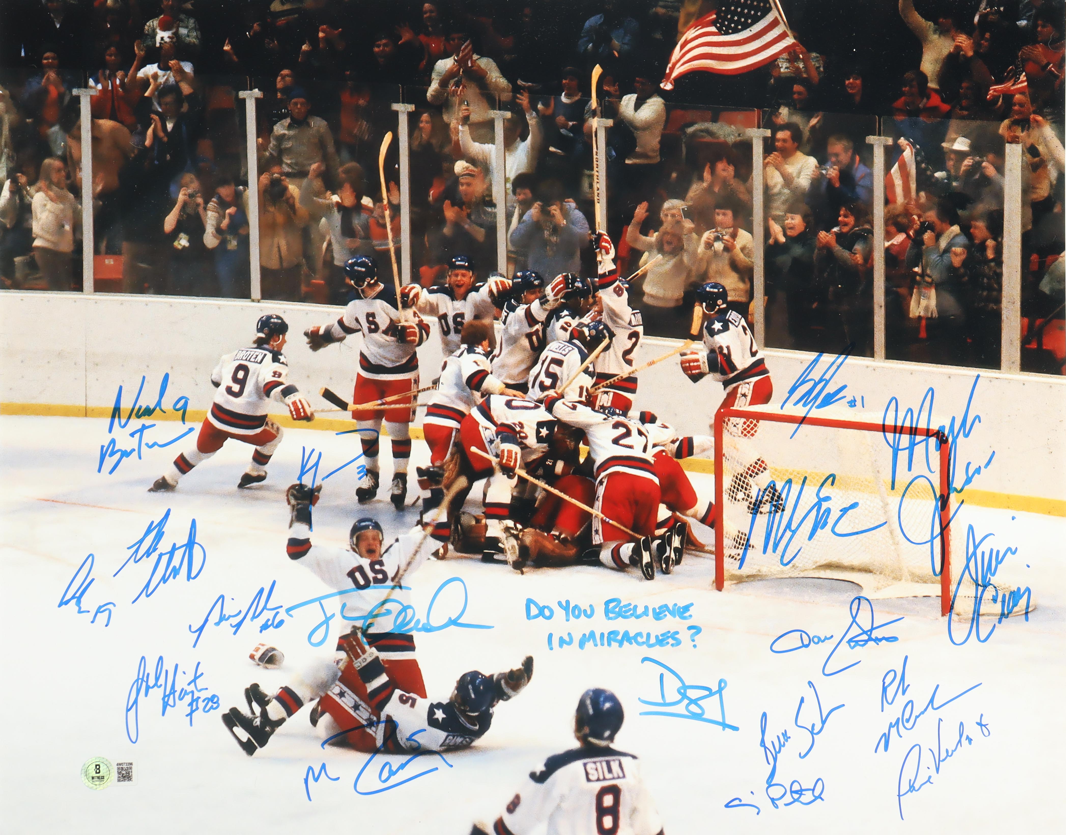 1980 Team USA "Miracle on Ice" 16x20 Photo Signed by (18) with Mike Eruzione, Jim Craig, Neal Broten Inscribed "Do You Believe In Miracles?!" (Beckett) at PristineAuction.com 1980 Team USA "Miracle on Ice" 16x20 Photo Signed by (18) with Mike Eruzione, Jim Craig, Neal Broten Inscribed "Do You Believe In Miracles?!" (Beckett) at PristineAuction.com
