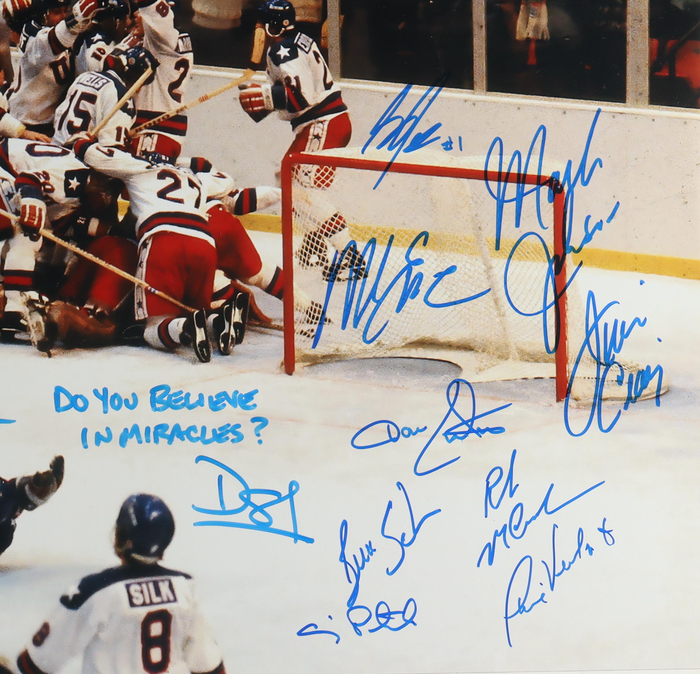 1980 Team USA "Miracle on Ice" 16x20 Photo Signed by (18) with Mike Eruzione, Jim Craig, Neal Broten Inscribed "Do You Believe In Miracles?!" (Beckett) at PristineAuction.com 1980 Team USA "Miracle on Ice" 16x20 Photo Signed by (18) with Mike Eruzione, Jim Craig, Neal Broten Inscribed "Do You Believe In Miracles?!" (Beckett) at PristineAuction.com