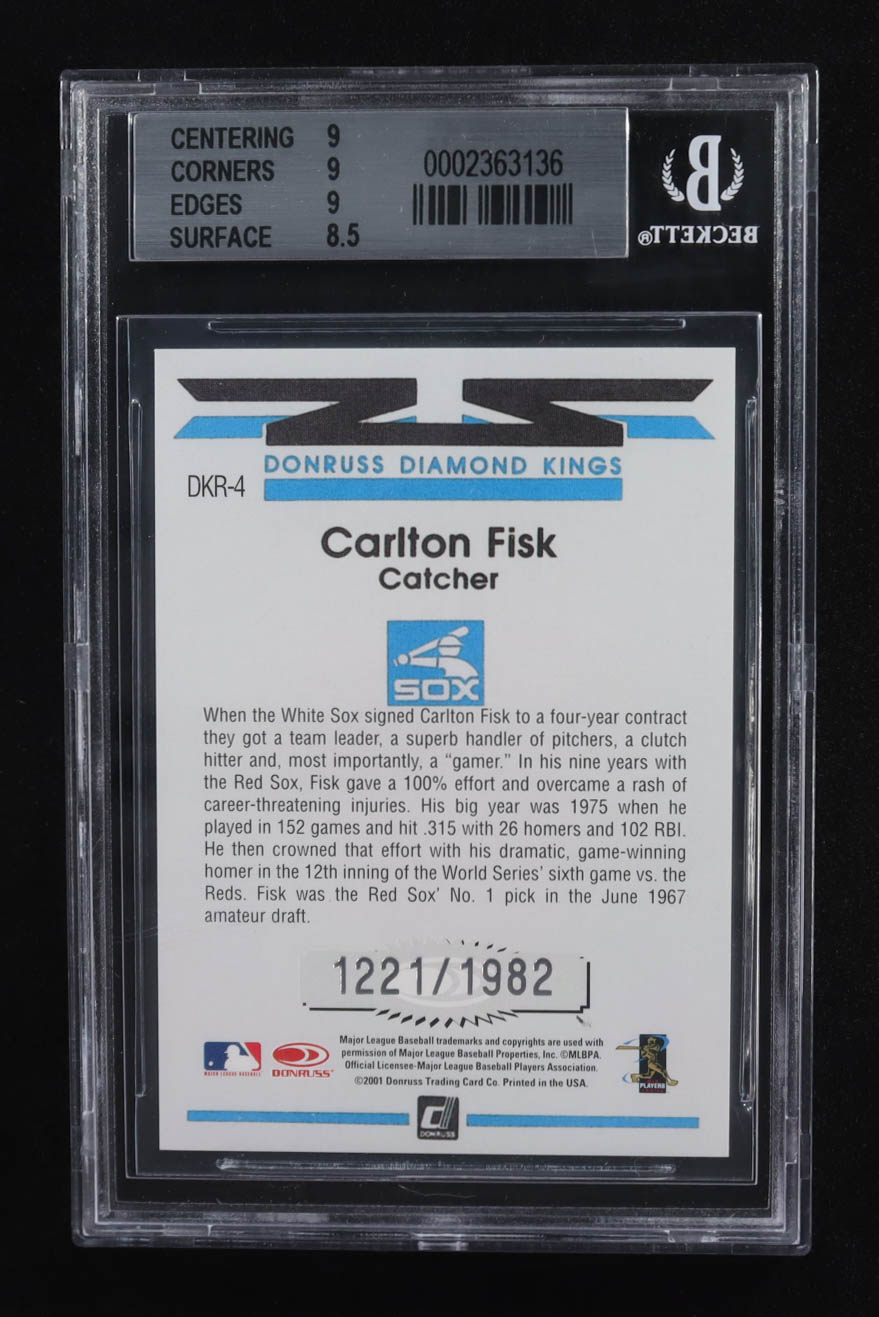Carlton Fisk 2001 Donruss Diamond Kings Reprints #DKR4 #1221/1982 (BGS 9) at PristineAuction.com Carlton Fisk 2001 Donruss Diamond Kings Reprints #DKR4 #1221/1982 (BGS 9) at PristineAuction.com