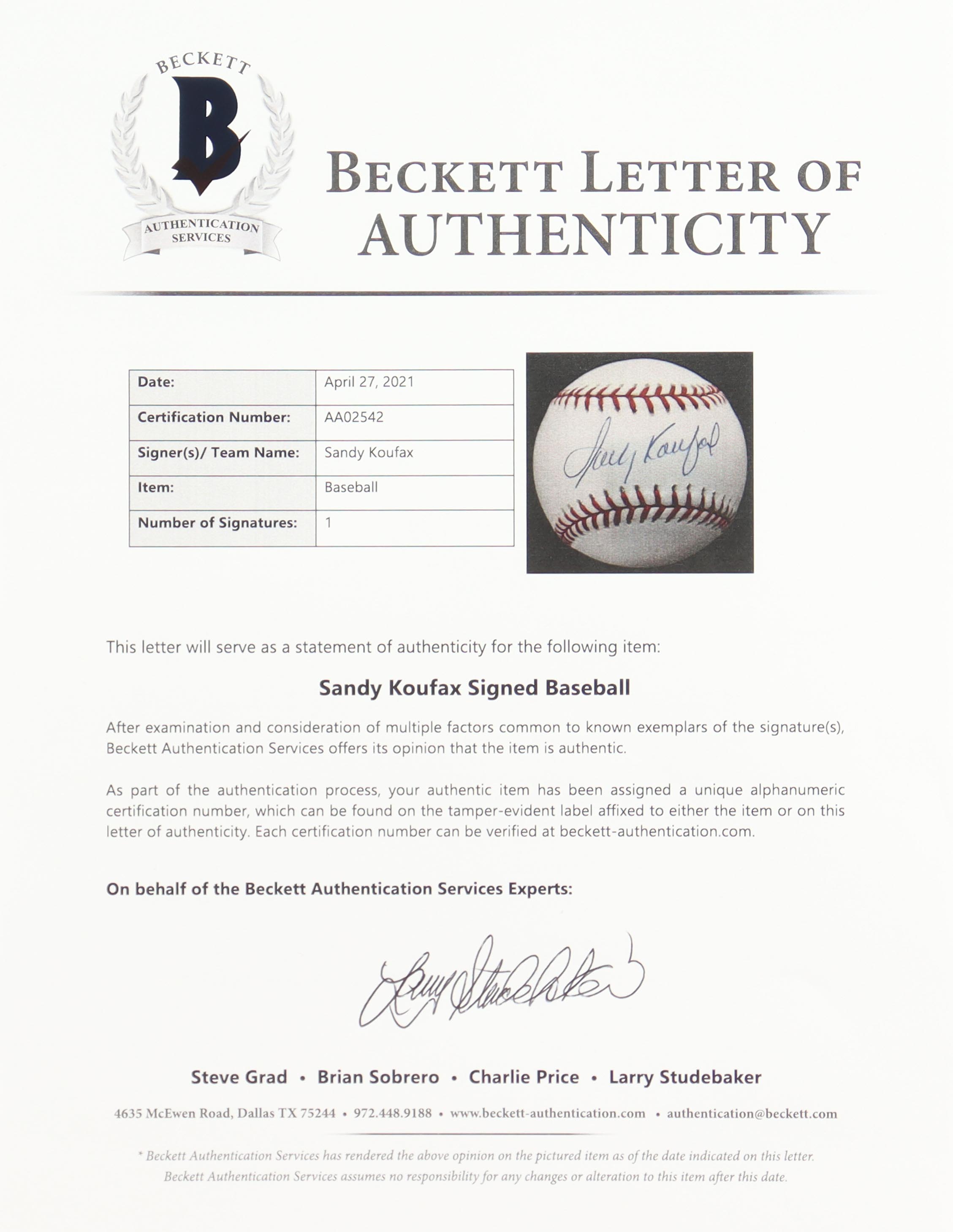 Sandy Koufax Signed OML Baseball (Beckett & Online Authentics) at PristineAuction.com Sandy Koufax Signed OML Baseball (Beckett & Online Authentics) at PristineAuction.com