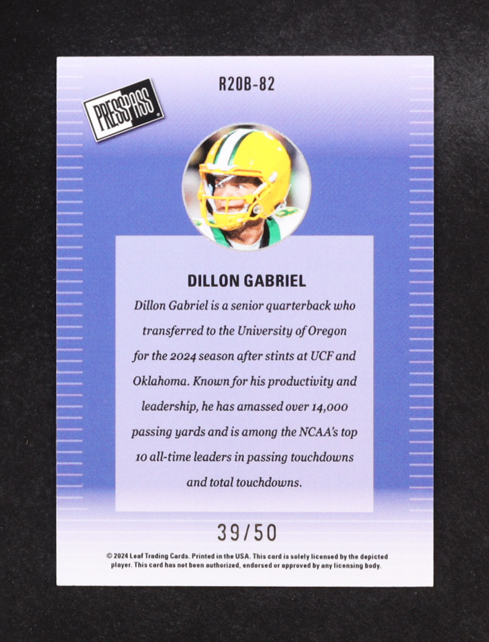 Dillon Gabriel 2024 Leaf Metal Collective Press Pass '00 Base Retail Blue #R20B82 #39/50 RC at PristineAuction.com Dillon Gabriel 2024 Leaf Metal Collective Press Pass '00 Base Retail Blue #R20B82 #39/50 RC at PristineAuction.com