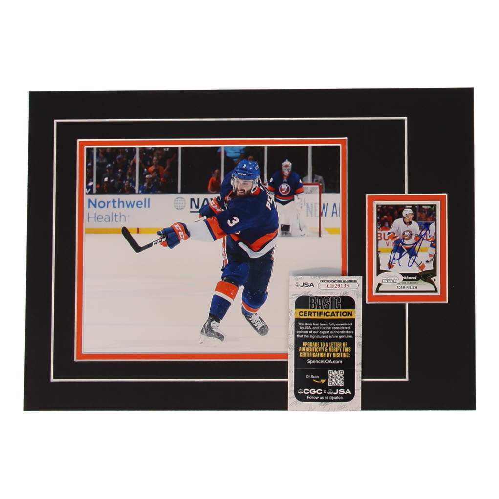 Adam Pelech Signed 12x17 Custom Matted Sports Card Display with Photo (JSA) at PristineAuction.com Adam Pelech Signed 12x17 Custom Matted Sports Card Display with Photo (JSA) at PristineAuction.com