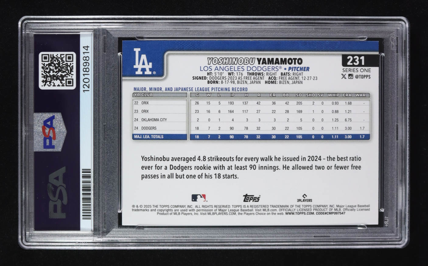 Yoshinobu Yamamoto 2025 Topps Rainbow Foil #231 (PSA 9) at PristineAuction.com Yoshinobu Yamamoto 2025 Topps Rainbow Foil #231 (PSA 9) at PristineAuction.com