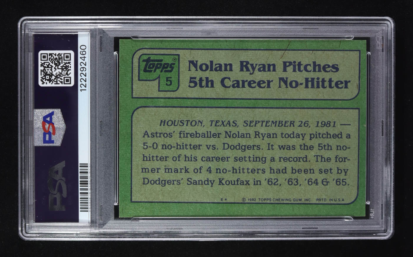 Nolan Ryan 1982 Topps #5 HL (PSA 6) at PristineAuction.com Nolan Ryan 1982 Topps #5 HL (PSA 6) at PristineAuction.com