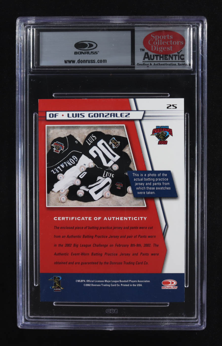 Luis Gonzalez 2002 Donruss Big League Challenge Materials #25 BP Jersey-Pants (SCD Authentic) at PristineAuction.com Luis Gonzalez 2002 Donruss Big League Challenge Materials #25 BP Jersey-Pants (SCD Authentic) at PristineAuction.com