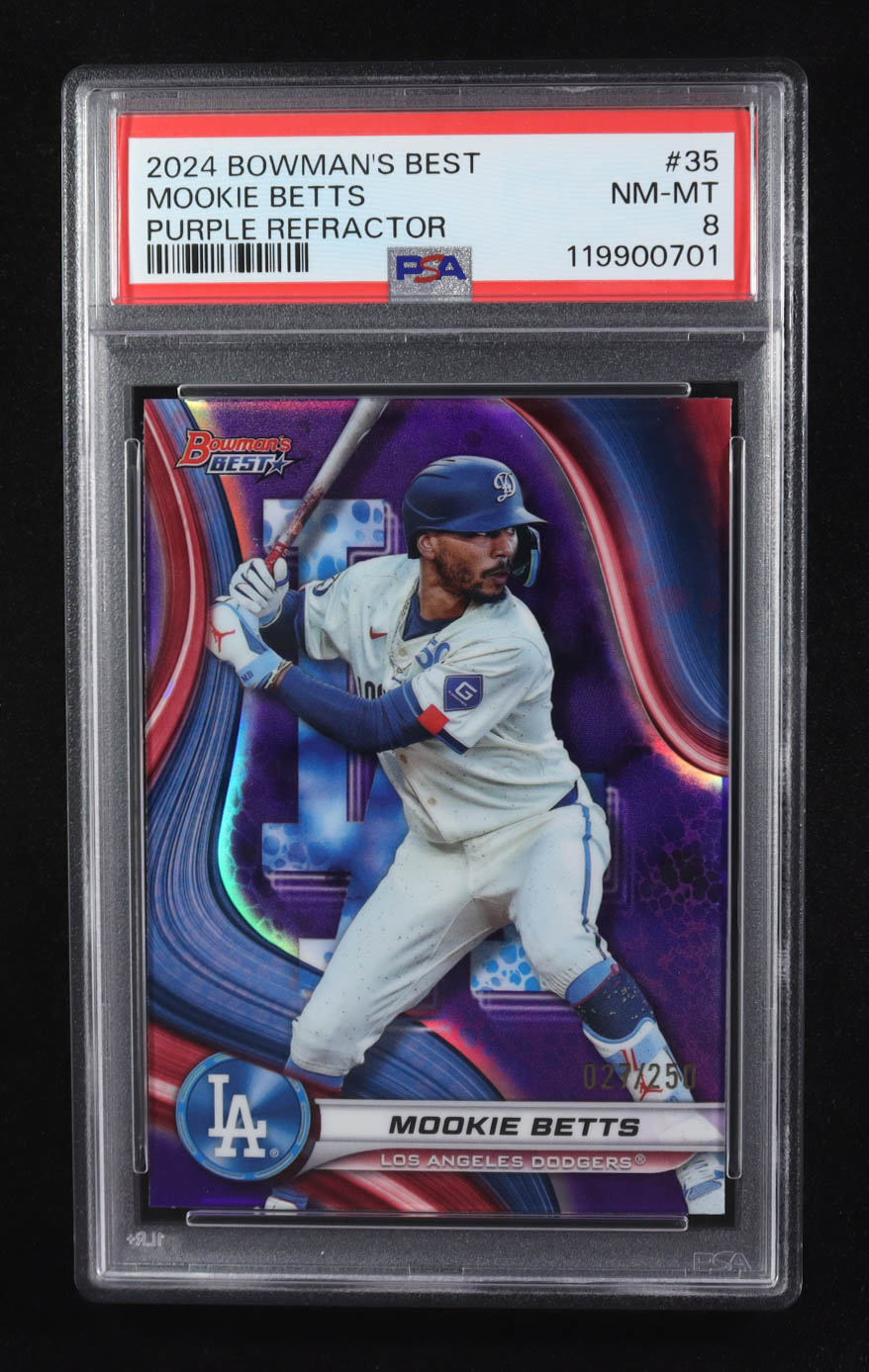 Mookie Betts 2024 Bowman's Best Purple Refractors #35 #027/250 (PSA 8) at PristineAuction.com Mookie Betts 2024 Bowman's Best Purple Refractors #35 #027/250 (PSA 8) at PristineAuction.com