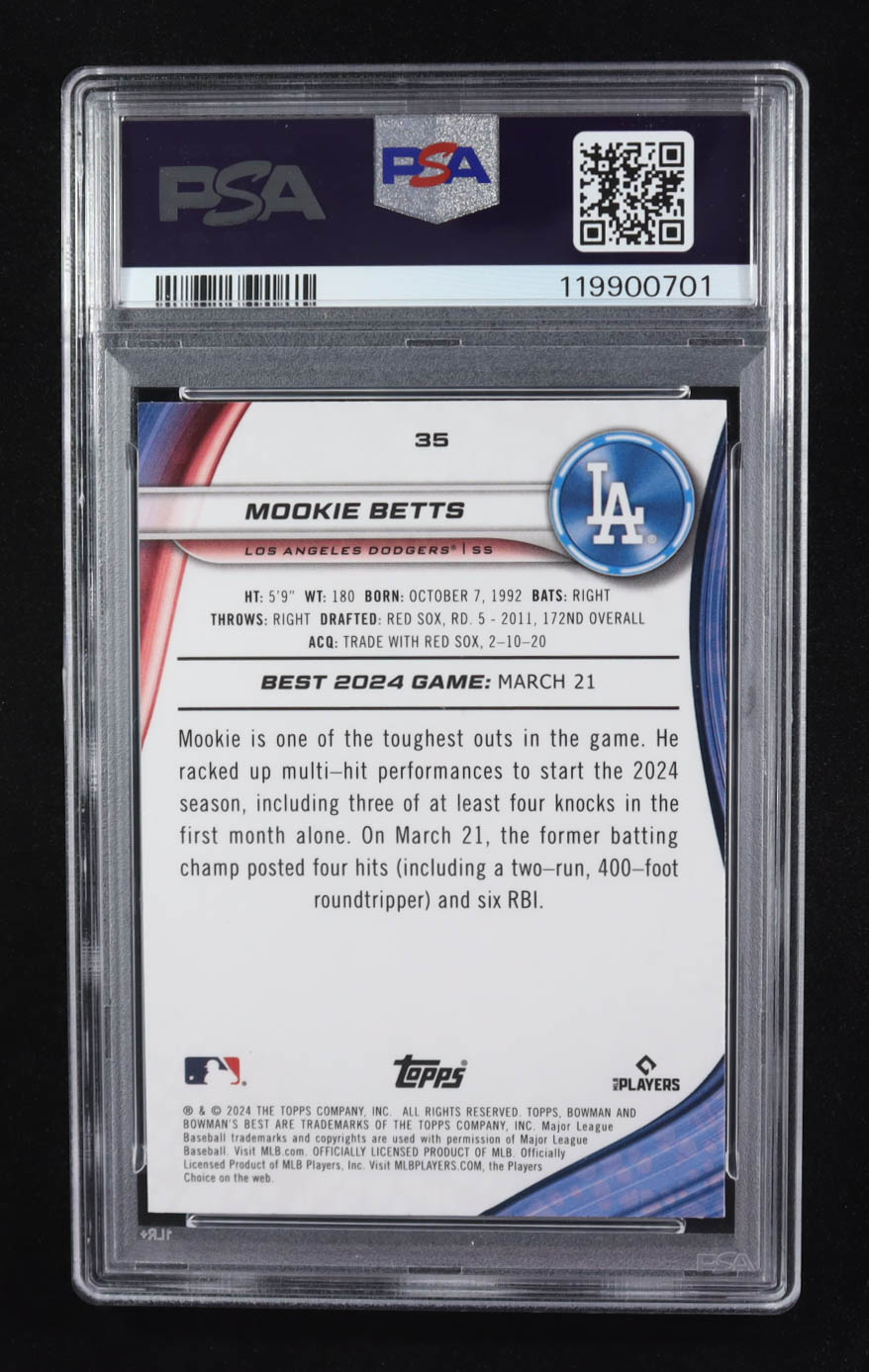 Mookie Betts 2024 Bowman's Best Purple Refractors #35 #027/250 (PSA 8) at PristineAuction.com Mookie Betts 2024 Bowman's Best Purple Refractors #35 #027/250 (PSA 8) at PristineAuction.com