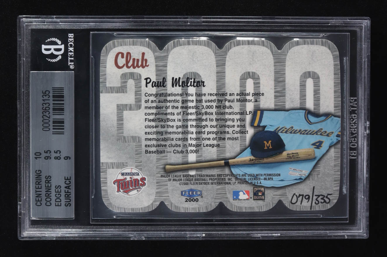 Paul Molitor 2000 Fleer Club 3000 Memorabilia #PM1 Bat #079/335 (BGS 9) at PristineAuction.com Paul Molitor 2000 Fleer Club 3000 Memorabilia #PM1 Bat #079/335 (BGS 9) at PristineAuction.com