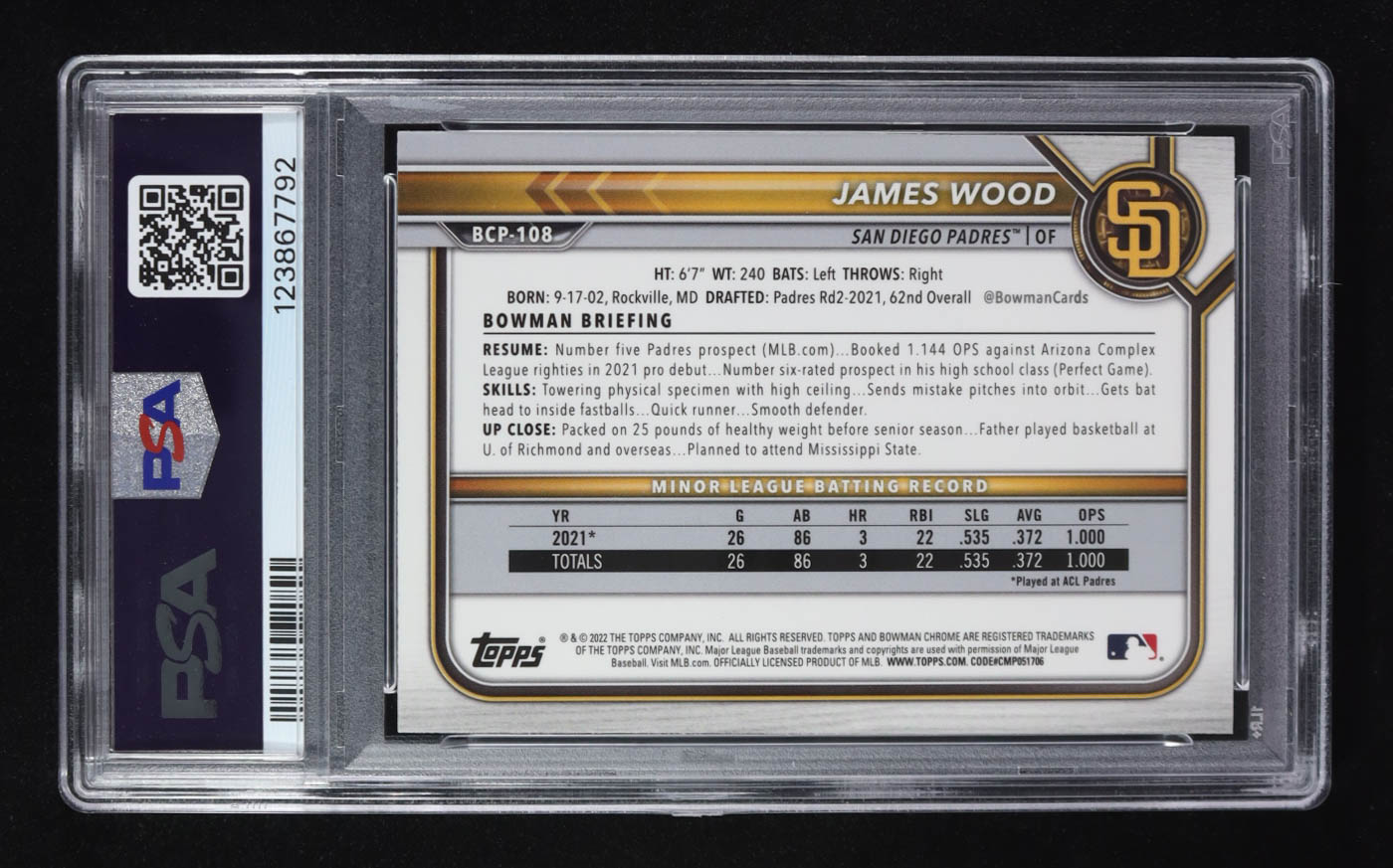 James Wood 2022 Bowman Chrome Prospects #BCP108 RC (PSA 9) at PristineAuction.com James Wood 2022 Bowman Chrome Prospects #BCP108 RC (PSA 9) at PristineAuction.com