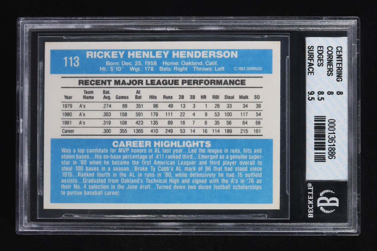 Rickey Henderson 1982 Donruss #113 (BGS 8) at PristineAuction.com Rickey Henderson 1982 Donruss #113 (BGS 8) at PristineAuction.com
