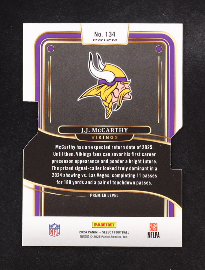 J.J. McCarthy 2024 Select Prizm Silver Die Cut #134 RC at PristineAuction.com J.J. McCarthy 2024 Select Prizm Silver Die Cut #134 RC at PristineAuction.com