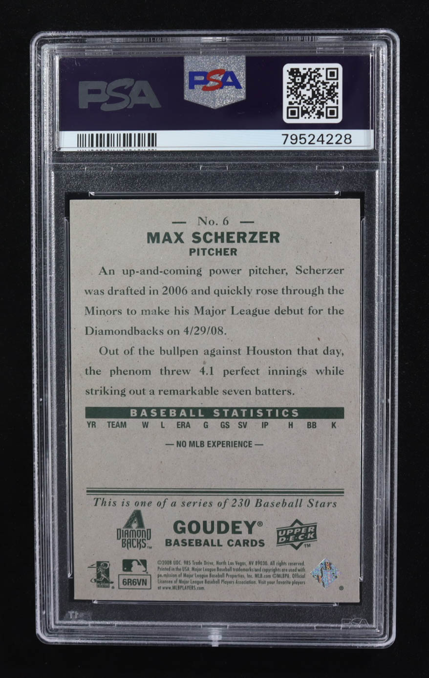 Max Scherzer 2008 Upper Deck Goudey #6 RC (PSA 9) at PristineAuction.com Max Scherzer 2008 Upper Deck Goudey #6 RC (PSA 9) at PristineAuction.com