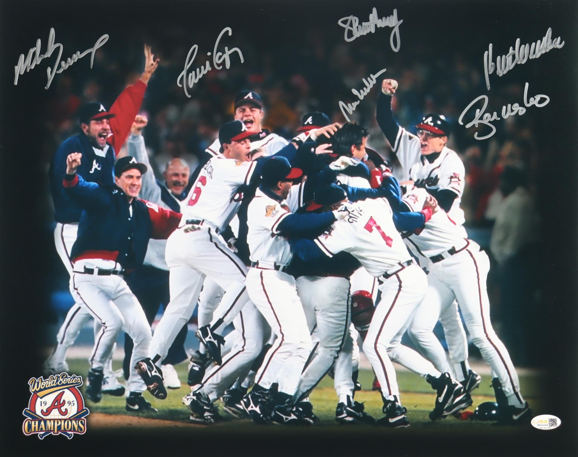 Braves 16x20 Photo Signed by (6) with Steve Avery, Ryan Klesko, Javier Lopez, Kent Mercker (JSA) at PristineAuction.com Braves 16x20 Photo Signed by (6) with Steve Avery, Ryan Klesko, Javier Lopez, Kent Mercker (JSA) at PristineAuction.com