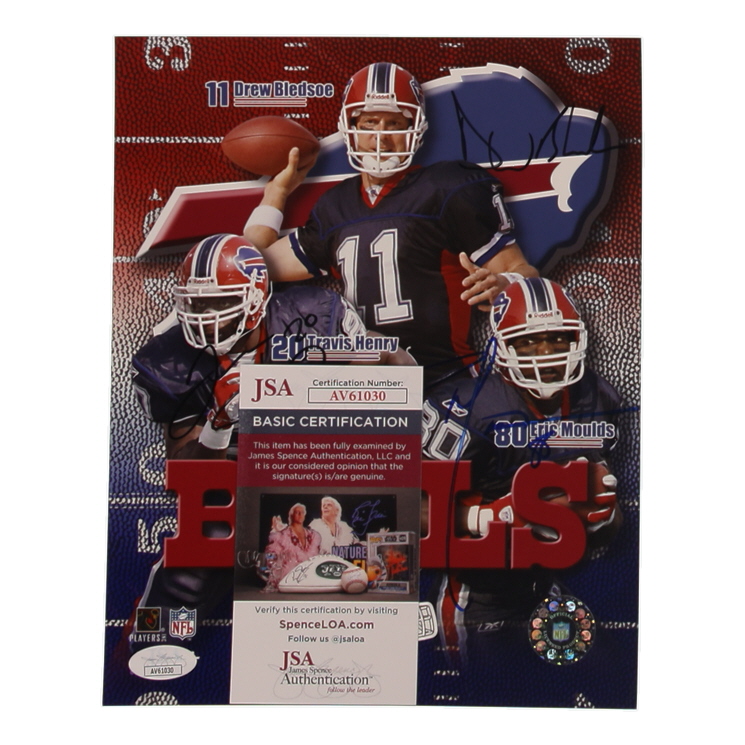 Drew Bledsoe, Eric Moulds, & Travis Henry Signed Bils 8x10 Photo (JSA) at PristineAuction.com Drew Bledsoe, Eric Moulds, & Travis Henry Signed Bils 8x10 Photo (JSA) at PristineAuction.com