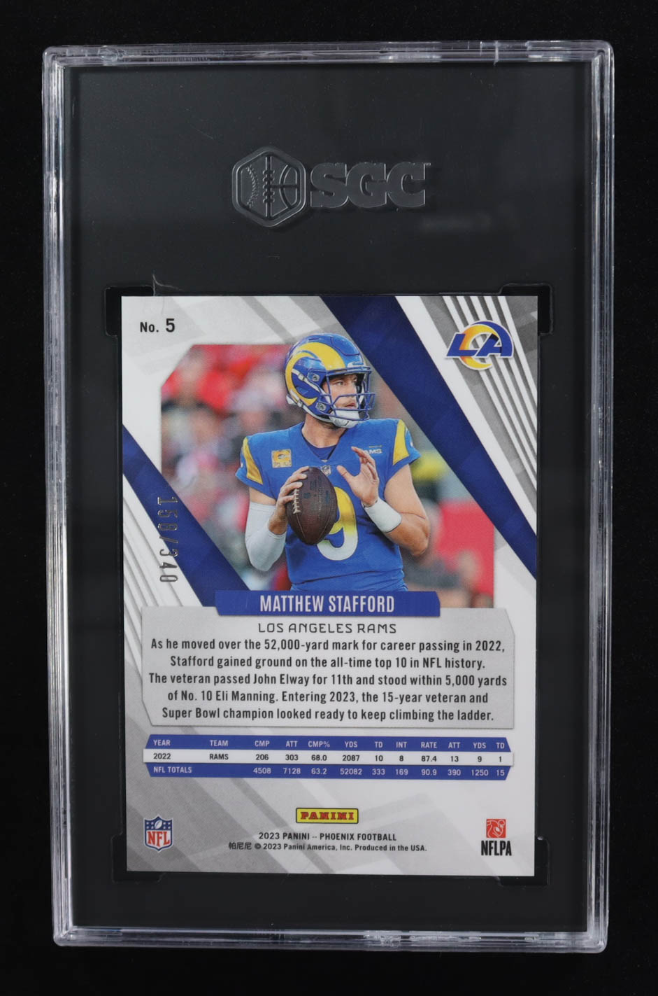 Matthew Stafford 2023 Panini Phoenix Fire Burst #5 #158/340 (SGC 10) at PristineAuction.com Matthew Stafford 2023 Panini Phoenix Fire Burst #5 #158/340 (SGC 10) at PristineAuction.com