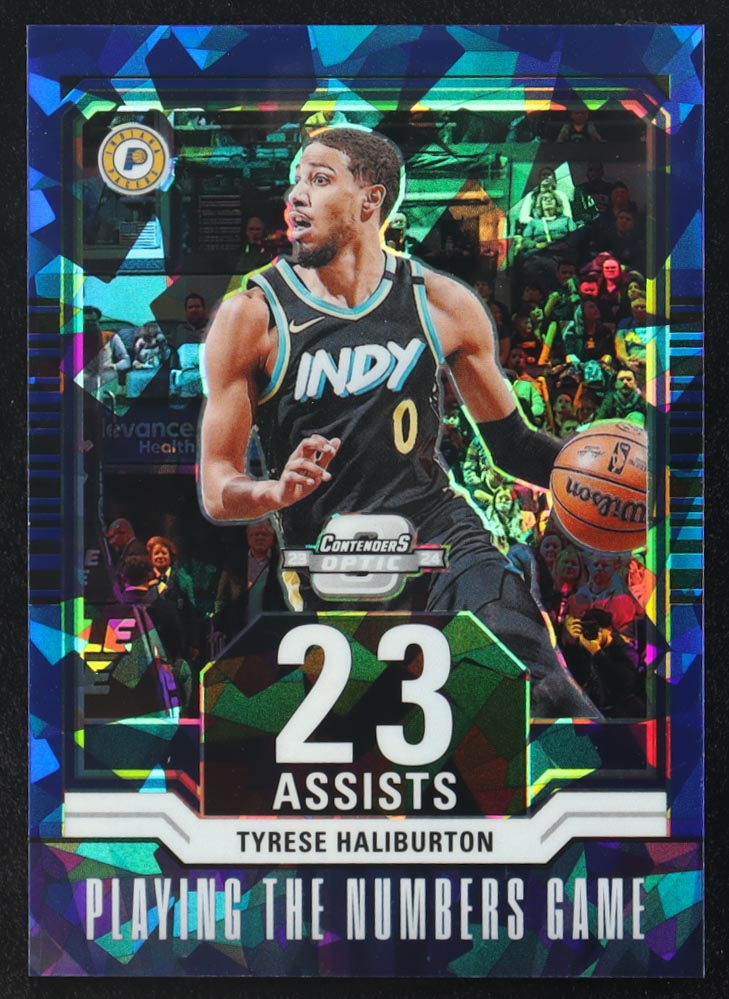 Tyrese Haliburton 2023-24 Panini Contenders Optic Playing the Numbers Game Blue Cracked Ice #20 #9/75 at PristineAuction.com Tyrese Haliburton 2023-24 Panini Contenders Optic Playing the Numbers Game Blue Cracked Ice #20 #9/75 at PristineAuction.com