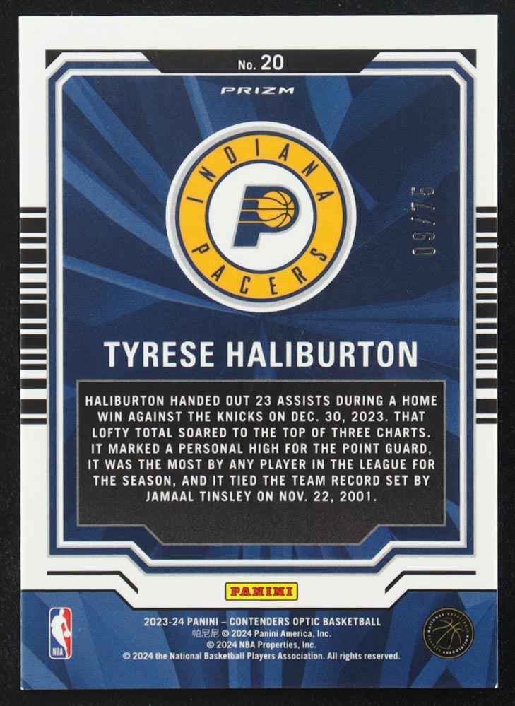 Tyrese Haliburton 2023-24 Panini Contenders Optic Playing the Numbers Game Blue Cracked Ice #20 #9/75 at PristineAuction.com Tyrese Haliburton 2023-24 Panini Contenders Optic Playing the Numbers Game Blue Cracked Ice #20 #9/75 at PristineAuction.com