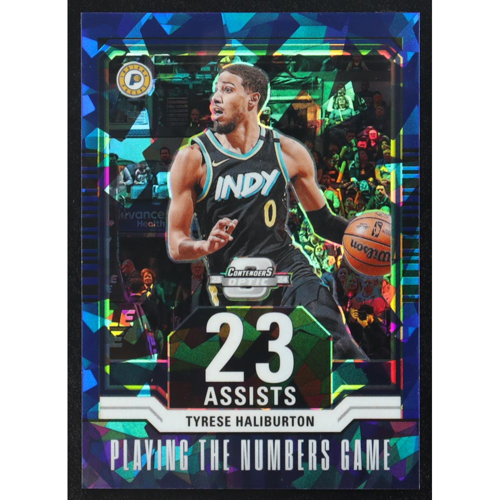 Tyrese Haliburton 2023-24 Panini Contenders Optic Playing the Numbers Game Blue Cracked Ice #20 #9/75 at PristineAuction.com
