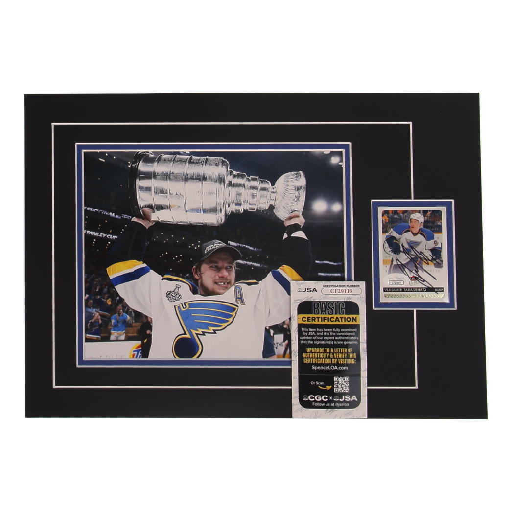Vladimir Tarasenko Signed 12x17 Custom Matted Sports Card Display with Photo (JSA) at PristineAuction.com Vladimir Tarasenko Signed 12x17 Custom Matted Sports Card Display with Photo (JSA) at PristineAuction.com
