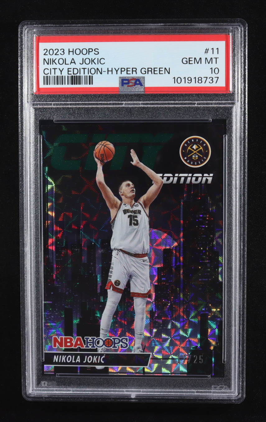 Nikola Jokic 2023-24 Hoops City Edition Hyper Green #11 #17/25 (PSA 10) at PristineAuction.com Nikola Jokic 2023-24 Hoops City Edition Hyper Green #11 #17/25 (PSA 10) at PristineAuction.com