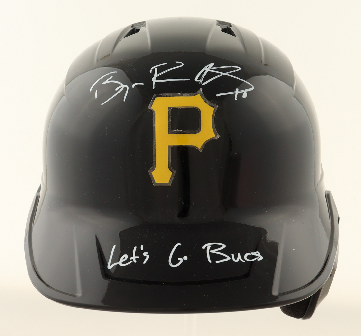 Bryan Reynolds Signed Pirates Full-Size Batting Helmet with Stand Inscribed "Let's Go Bucks" (TSE) at PristineAuction.com Bryan Reynolds Signed Pirates Full-Size Batting Helmet with Stand Inscribed "Let's Go Bucks" (TSE) at PristineAuction.com
