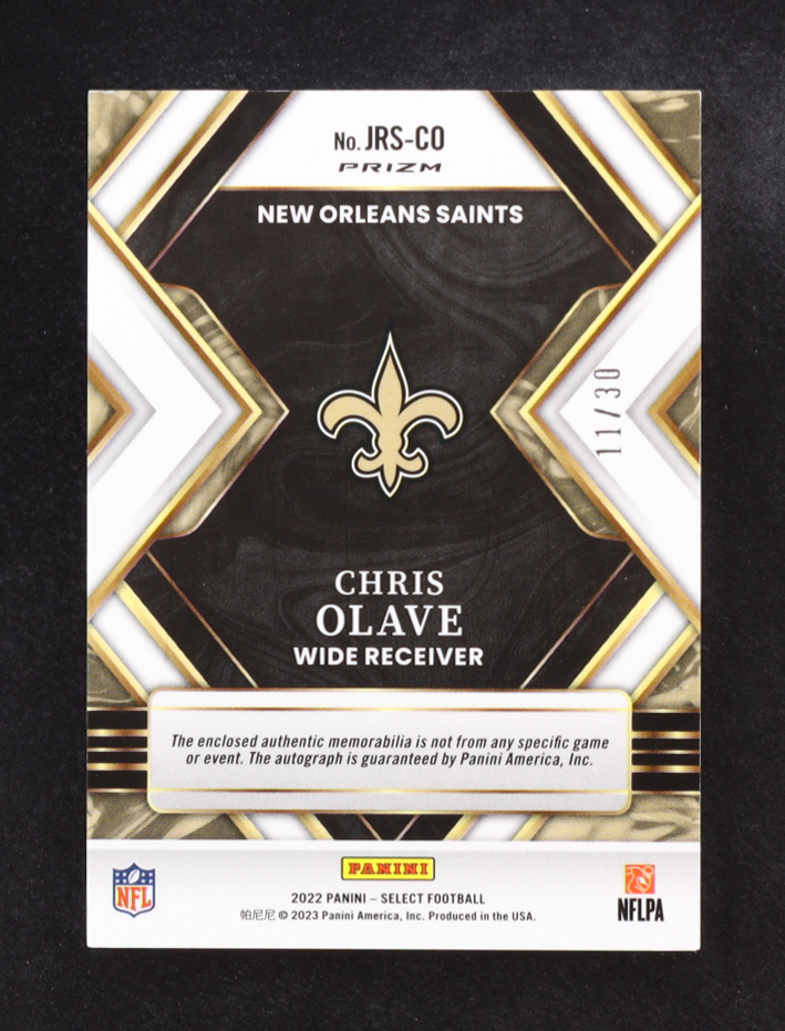 Chris Olave 2022 Select Jumbo Rookie Signature Swatches Prizm Neon Orange Pulsar #9 #11/30 RC at PristineAuction.com Chris Olave 2022 Select Jumbo Rookie Signature Swatches Prizm Neon Orange Pulsar #9 #11/30 RC at PristineAuction.com