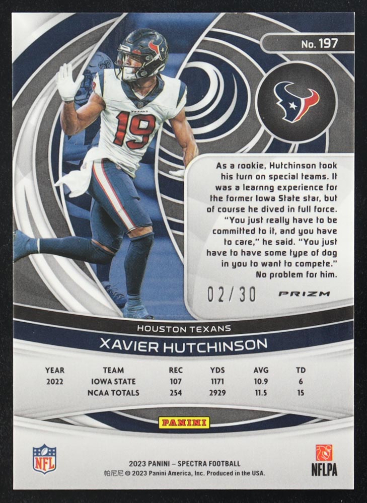 Xavier Hutchinson 2023 Panini Spectra Spectris #197 RC #2/30 at PristineAuction.com Xavier Hutchinson 2023 Panini Spectra Spectris #197 RC #2/30 at PristineAuction.com
