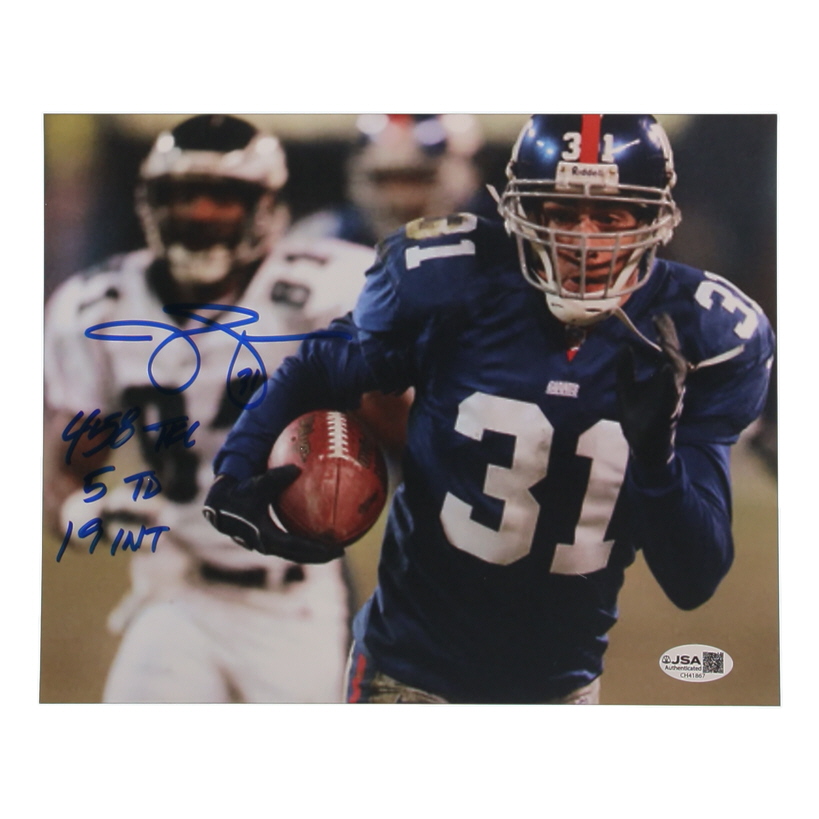 Jason Sehorn Signed Giants 8x10 Photo with Career Stat Inscriptions (JSA) at PristineAuction.com Jason Sehorn Signed Giants 8x10 Photo with Career Stat Inscriptions (JSA) at PristineAuction.com
