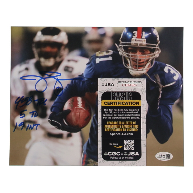 Jason Sehorn Signed Giants 8x10 Photo with Career Stat Inscriptions (JSA) at PristineAuction.com Jason Sehorn Signed Giants 8x10 Photo with Career Stat Inscriptions (JSA) at PristineAuction.com