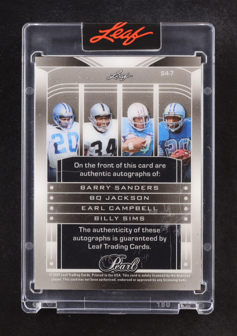 2025 Leaf Pearl Barry Sanders/Bo Jackson/Earl Campbell/Billy Sims Autographs #S4-7 #3/5 at PristineAuction.com 2025 Leaf Pearl Barry Sanders/Bo Jackson/Earl Campbell/Billy Sims Autographs #S4-7 #3/5 at PristineAuction.com