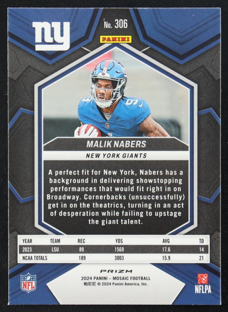 Malik Nabers 2024 Mosaic Mosaic #306 RC at PristineAuction.com Malik Nabers 2024 Mosaic Mosaic #306 RC at PristineAuction.com