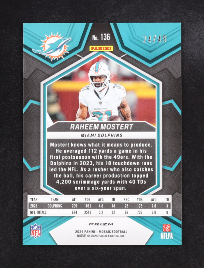 Raheem Mostert 2024 Panini Mosaic Mosaic Purple #136 #24/49 at PristineAuction.com Raheem Mostert 2024 Panini Mosaic Mosaic Purple #136 #24/49 at PristineAuction.com