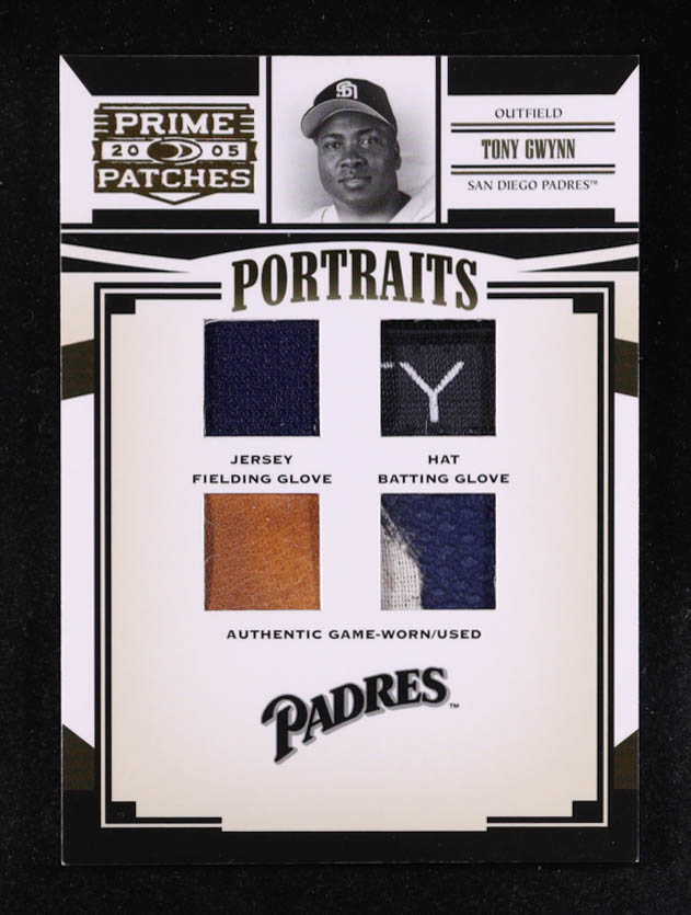 Tony Gwynn 2005 Prime Patches Portraits Quad Swatch #81 Batting Glove-Fielding Glove-Hat-Jersey #140/150 at PristineAuction.com Tony Gwynn 2005 Prime Patches Portraits Quad Swatch #81 Batting Glove-Fielding Glove-Hat-Jersey #140/150 at PristineAuction.com