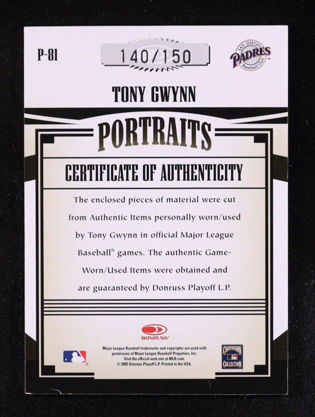 Tony Gwynn 2005 Prime Patches Portraits Quad Swatch #81 Batting Glove-Fielding Glove-Hat-Jersey #140/150 at PristineAuction.com Tony Gwynn 2005 Prime Patches Portraits Quad Swatch #81 Batting Glove-Fielding Glove-Hat-Jersey #140/150 at PristineAuction.com
