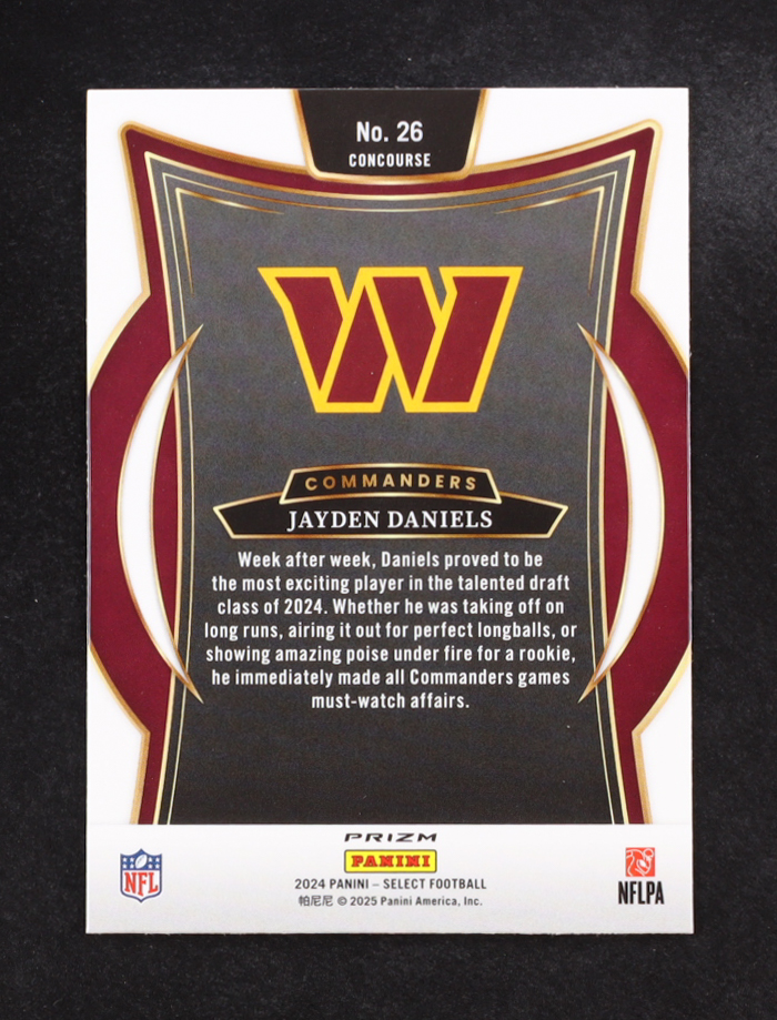 Jayden Daniels 2024 Select Prizm Red and Blue Shock #26 RC at PristineAuction.com Jayden Daniels 2024 Select Prizm Red and Blue Shock #26 RC at PristineAuction.com