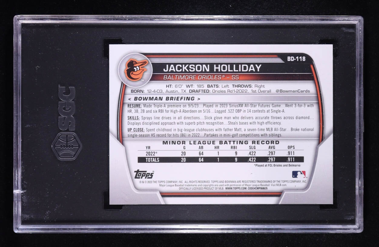 Jackson Holliday 2023 Bowman Draft #BD118 RC (SGC 10) at PristineAuction.com Jackson Holliday 2023 Bowman Draft #BD118 RC (SGC 10) at PristineAuction.com