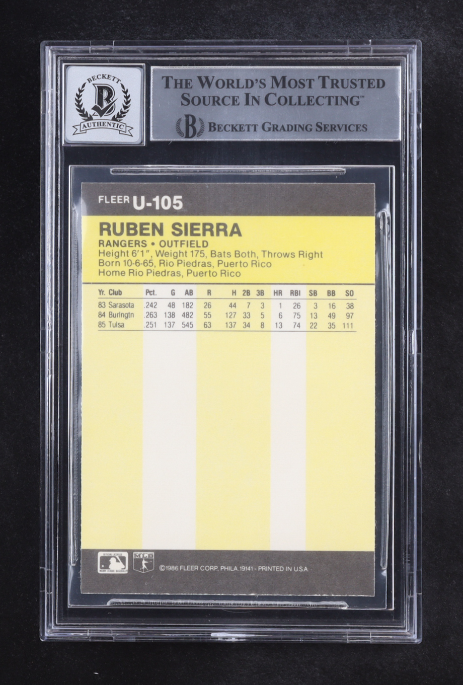 Ruben Sierra Signed 1986 Fleer Update Autographs #U105 (Beckett | Autograph Graded BGS 10) at PristineAuction.com Ruben Sierra Signed 1986 Fleer Update Autographs #U105 (Beckett | Autograph Graded BGS 10) at PristineAuction.com