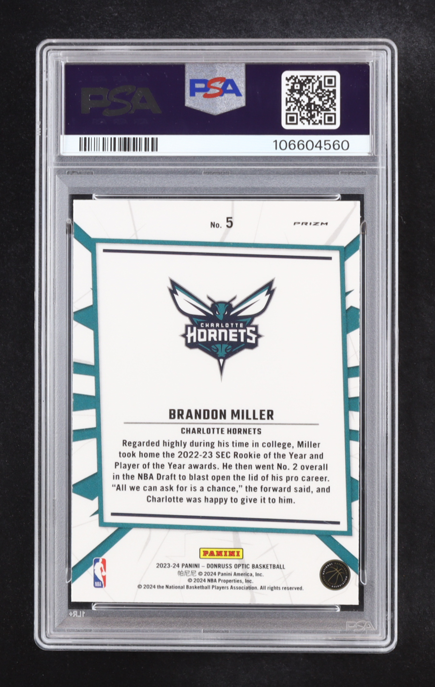 Brandon Miller 2023-24 Donruss Optic My House Purple #5 RC (PSA 10) at PristineAuction.com Brandon Miller 2023-24 Donruss Optic My House Purple #5 RC (PSA 10) at PristineAuction.com