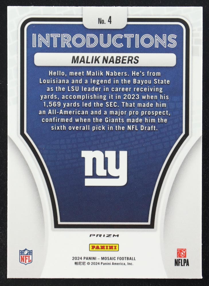 Malik Nabers 2024 Mosaic Introductions Mosaic #4 RC at PristineAuction.com Malik Nabers 2024 Mosaic Introductions Mosaic #4 RC at PristineAuction.com