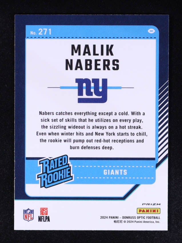Malik Nabers 2024 Donruss Optic Blue Hyper #271 RR RC at PristineAuction.com Malik Nabers 2024 Donruss Optic Blue Hyper #271 RR RC at PristineAuction.com