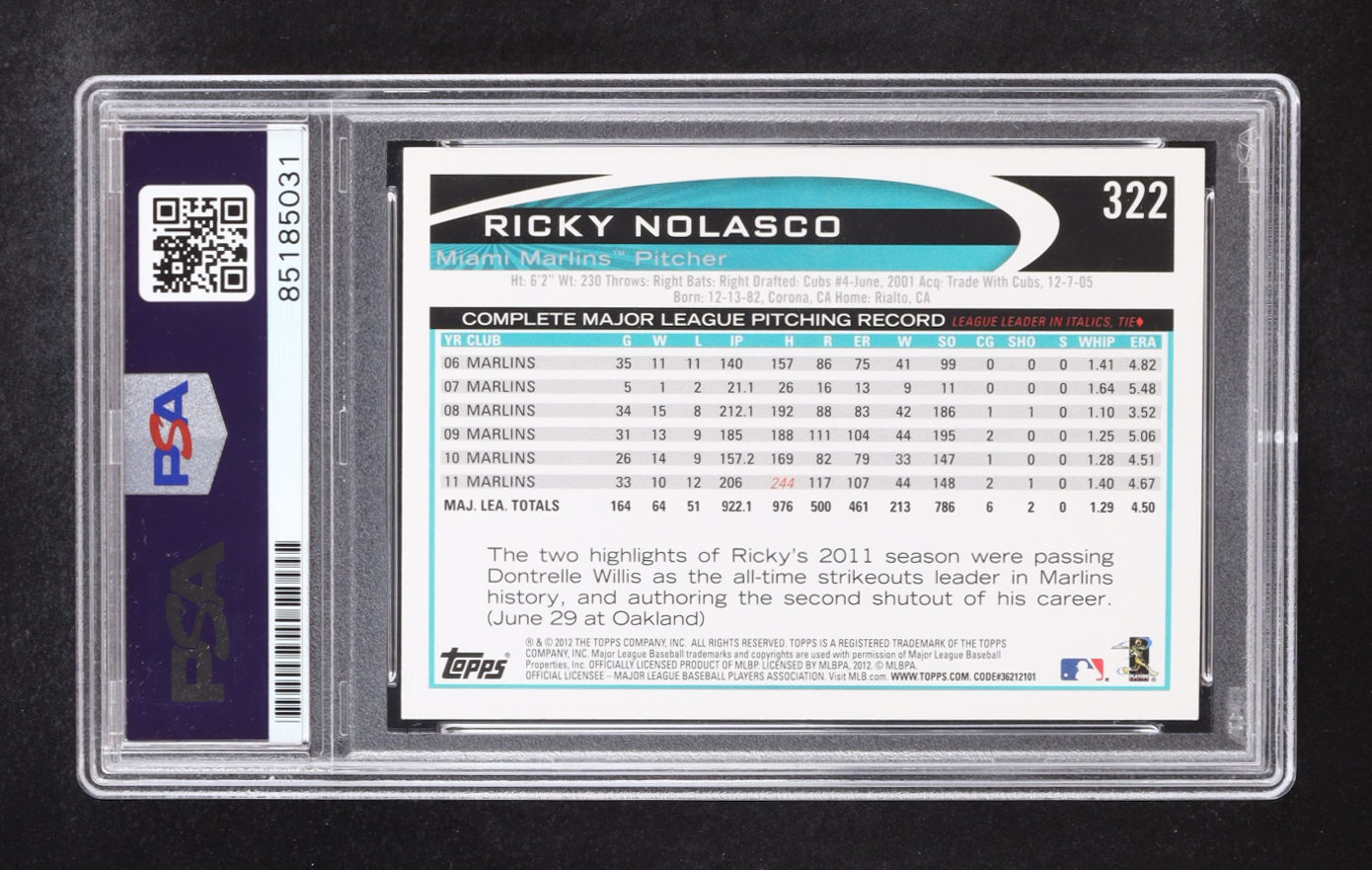 Ricky Nolasco Signed 2012 Topps #322 (PSA) at PristineAuction.com Ricky Nolasco Signed 2012 Topps #322 (PSA) at PristineAuction.com