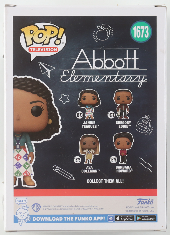 Quinta Brunson Signed "Abbott Elementary" #1673 Janine Teagues Funko Pop! Vinyl Figure (Beckett) at PristineAuction.com Quinta Brunson Signed "Abbott Elementary" #1673 Janine Teagues Funko Pop! Vinyl Figure (Beckett) at PristineAuction.com