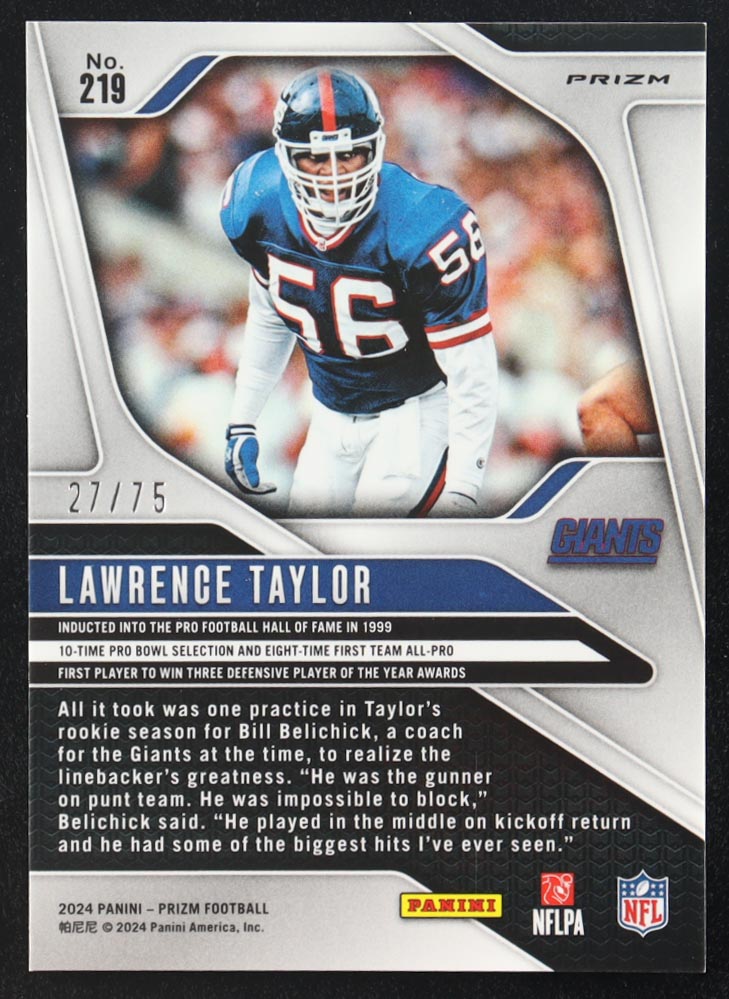 Lawrence Taylor 2024 Panini Prizm Prizms Green Scope #219 #27/75 at PristineAuction.com Lawrence Taylor 2024 Panini Prizm Prizms Green Scope #219 #27/75 at PristineAuction.com