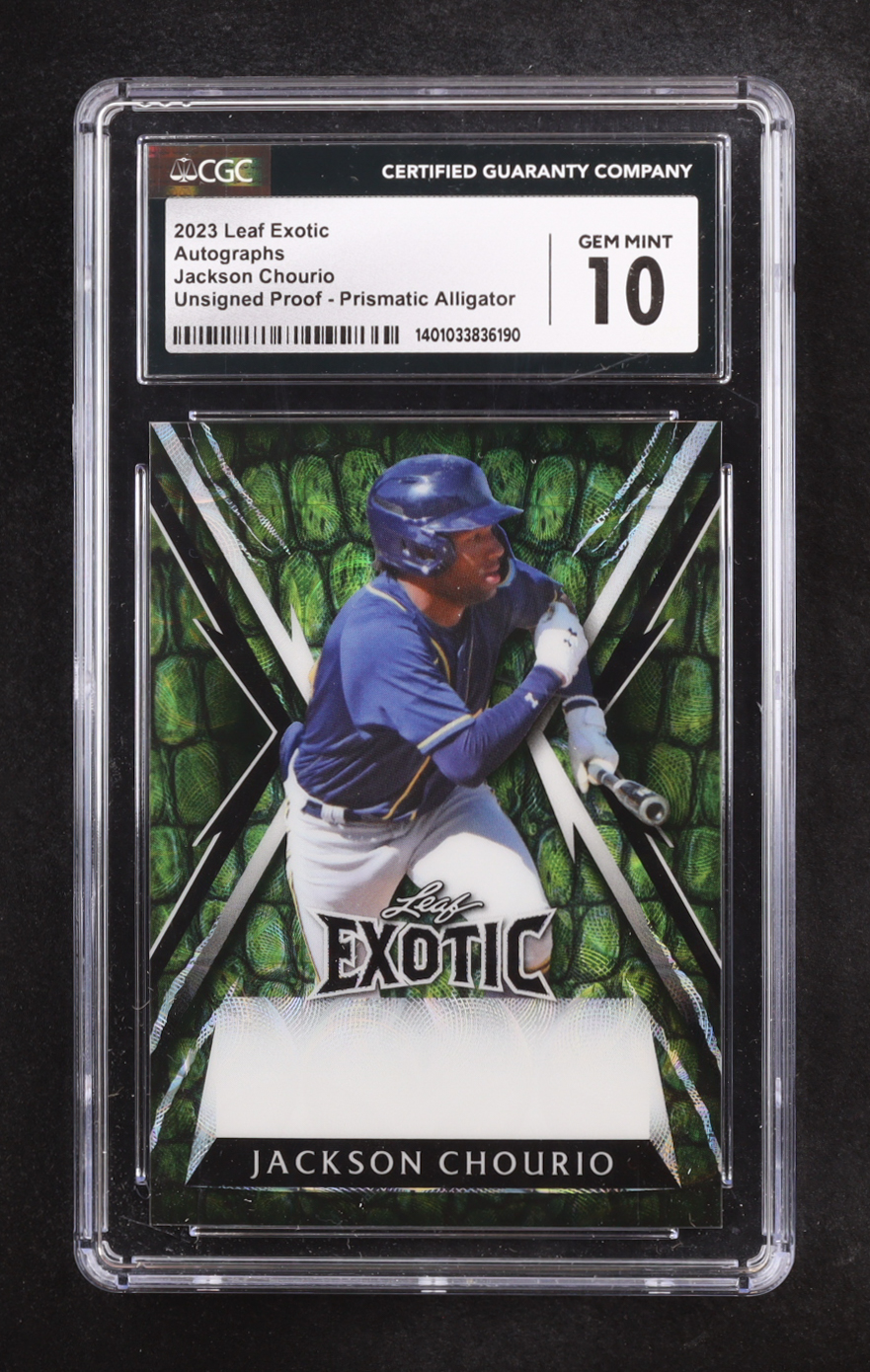 Jackson Chourio 2023 Leaf Exotic Kaleidoscope Alligator Unsigned Pre-Production Proof #NNO RC #1/1 (CGC 10) at PristineAuction.com Jackson Chourio 2023 Leaf Exotic Kaleidoscope Alligator Unsigned Pre-Production Proof #NNO RC #1/1 (CGC 10) at PristineAuction.com