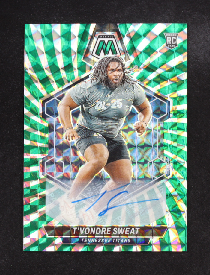 T'Vondre Sweat 2024 Panini Mosaic Rookie Autographs Mosaic Green Swirl #338 #11/15 RC at PristineAuction.com T'Vondre Sweat 2024 Panini Mosaic Rookie Autographs Mosaic Green Swirl #338 #11/15 RC at PristineAuction.com
